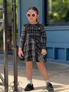 SHEIN Young Girl Elegant Casual Round Neck Plaid Patchwork Design Mid-Length Dress, Suitable For School, Daily Casual, Autumn/Winter, Party Wear - Black - View 4