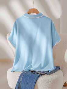 CosyJoli 大码女式休闲宽松短袖撞色滚边衬衫，浅蓝色衬衫，浅蓝色女式衬衫，短袖女式衬衫，夏季休闲度假春季女式衬衫，浅蓝色衬衫，翻领衬衫 - 藍色 - 查看 2