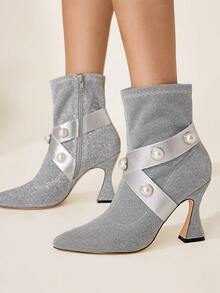 CUCCOO CHICEST Women's Fashionable & Elegant Pearl Embellished High Heel Ankle Boots For Christmas - Silver - View 6