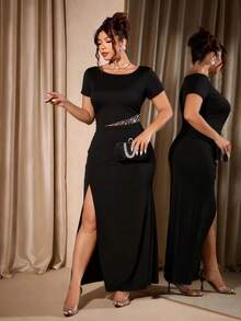 Cravure Plus Size Women Elegant Daily Party Beaded & Rhinestone Embellished Split Hem Short Sleeve Dress - Black - View 4