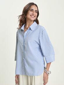 CAJUNI 女式条纹七分袖单排扣休闲宽松衬衫 - 藍色 - 查看 10