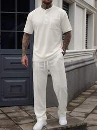 Manfinity Homme Conjunto de camisa abotonada casual beige y pantalones para hombre