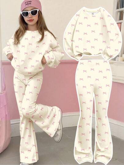 SHEIN Happikins 2pcs/Set Young Girls Cream White & Cream Pink Vintage Mini Bow Decor Casual Minimalist Thick Soft Warm Round Neck Sweatshirt And Flare Pants Set, Suitable For Autumn & Winter, Outfits, Easy Comfort, Autumn & Winter Layers For Little Girls, Stylish Girls, Casual Wear, Kids Graphic Clothes, Back To School, Fall Clothes, Homecoming