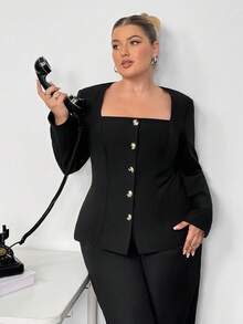 Truni Áo khoác Blazer cổ vuông tay dài cỡ lớn dành cho nữ, thắt eo, đính nút kim loại, phù hợp cho mùa thu/đông - màu đen - Xem 8