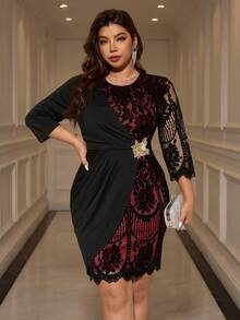 Ellevyn Plus Size Colorblock Lace Round Neck Fashion Dress Plus Size Dress Plus Size Cocktail Dress - Red - View 6