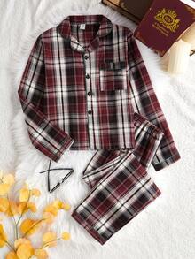 Teenage Boys/Men's Casual Red Plaid Print Fabric Long Sleeve Cardigan And Pants Loungewear Set Boys Plaid Pajamas Teen Boys Pajamas-Pajama Set Crew Neck Or Shirt Collar Long Sleeve Long Pants Plaid Burgundy White Check Four Season 2026 New Year Essential Versatile And Comfortable Warm And Cute Style - Red - View 8