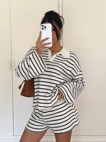Siren Gaze Women's Striped Lapel Drop Shoulder Long Sleeve T-Shirt And Shorts Casual 2-Piece Set Striped Set Spring - Multicolor - View 5