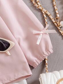 SHEIN 2pcs Young Girls Light Pink Autumn Family Matching Outfit,Peter Pan Collar Bow Knot Long Sleeve Shirt Blouse & White Pants Set For School Party - Pink - View 8