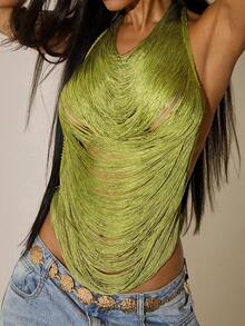 SHEIN BAE Women's Spring/Summer Beach Vacation/Holiday Cuban Avocado Green Heavy-Fit Drape Neck Sheer Fringe Halter Top - Perfect For Parties, Holiday Party, Beach Top, Date Nights, And Party Party,Carnival Women Look 2026,Spring Break Outfits,Summer Holiday Outfits - Green - View 7