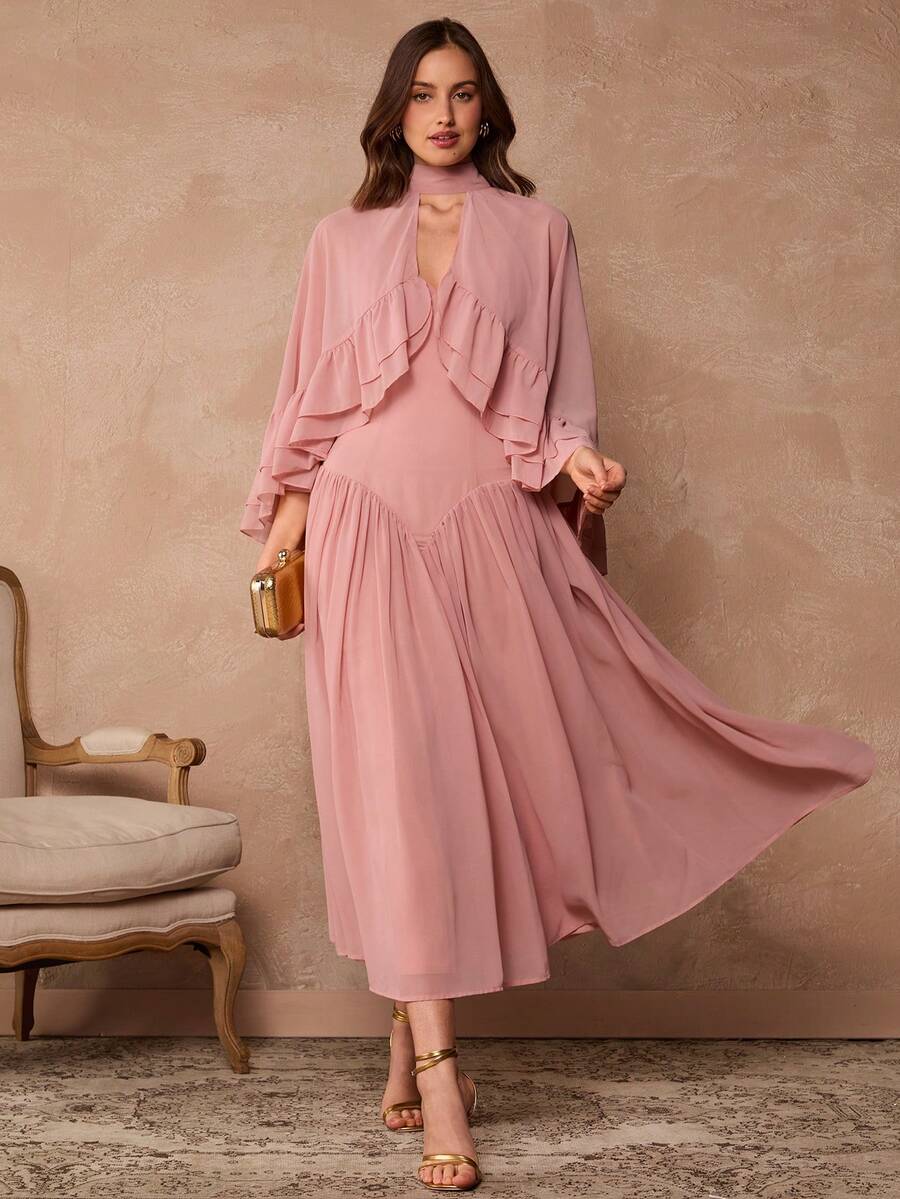 Enchnt Damen Einfarbiges minimalistisches Kleid mit Rüschensaum - Altrosa - Übersicht 1