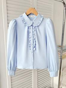 SHEIN 少女宽松休闲优雅荷叶边泡泡袖纽扣衬衫，长袖上衣，舒适日常休闲校服衬衫 - 淺藍色 - 查看 6