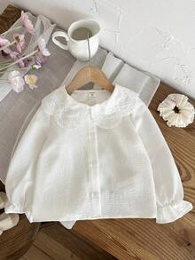 LMoss Kids 女童纯色荷叶边领长袖休闲衬衫 - 白色 - 查看 5