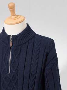 Manfinity Homme Men's Casual Solid Color Cable Knit Drop Shoulder Sweater, Autumn/Winter - Navy Blue - View 3