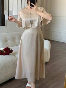 DAZY Women's Round Neck Shawl Collar Satin Elegant Dress - Apricot - View 2