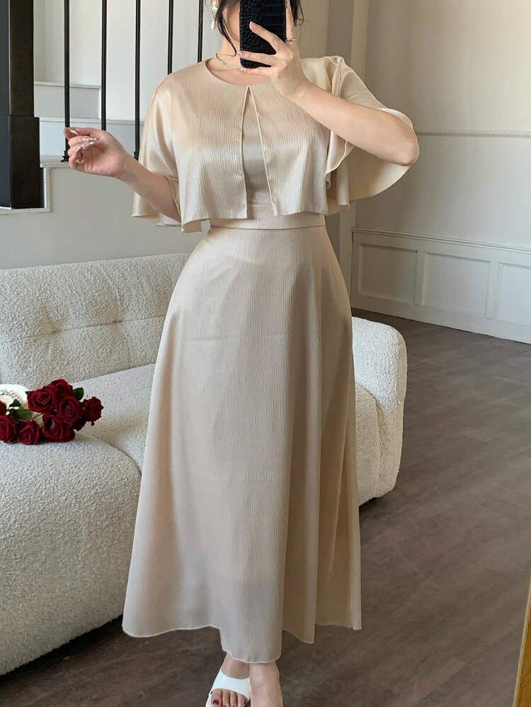 Women's Round Neck Shawl Collar Satin Elegant Dress Sundress