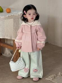 DAZY Áo khoác dài tay cài một hàng khuy cho bé gái, phối ren hoa, có mũ trùm đầu, thích hợp cho mùa xuân, quần áo cho bé gái tập đi. - Hồng - Xem 4