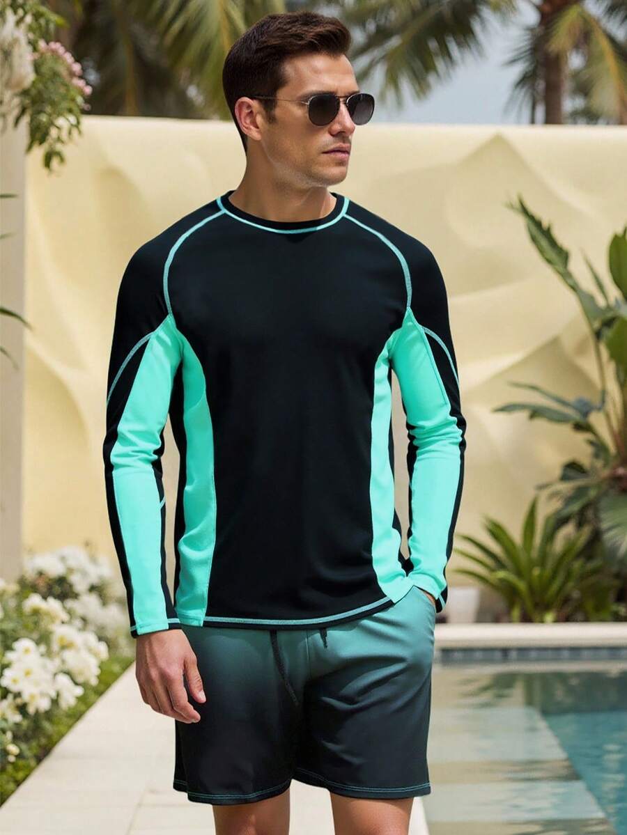 Manfinity Swimmode 男士撞色拼接泳衣套装（上衣和短裤）2件套 - 黑色 - 查看 1