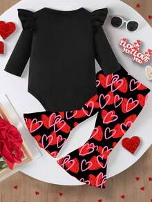 1 Set Baby Girl Cute Fashion Bow "My 1st Valentine's Day" Letter Print Long Sleeve Romper And Heart Print Flare Pants, Suitable For Valentine's Day, Spring/Autumn - Multicolor - View 2