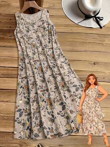Rusticease Plus Size Women Summer Floral Print Sleeveless Dress, Early Spring,Beach Dress Sundress,Holiday Outfits Boho,Flower/Vacation - Khaki - View 1