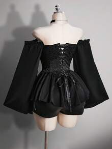 SHEIN ICON 女士黑色褶皱提花腰带拼接荷叶边露肩喇叭袖波浪下摆A字雪纺衬衫，适合派对和休闲穿着 - 黑色 - 查看 10