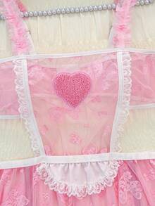 PetitDoll Valentine's Day Plus Size Sexy Lace Patchwork 5-Piece Lingerie Set - Pink - View 3