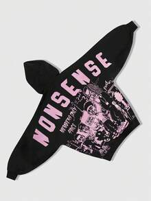 ROMWE MEN Street Life Men's Casual Portrait & Letter Pattern Loose Fit Hoodie, Autumn - Black - View 1