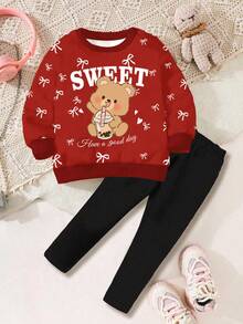 2pcs Baby Girls Cute Cartoon Bear & Bow Pattern Long Sleeve Sweatshirt And Leggings Set, Suitable For Autumn, Winter, Spring - Multicolor - View 3