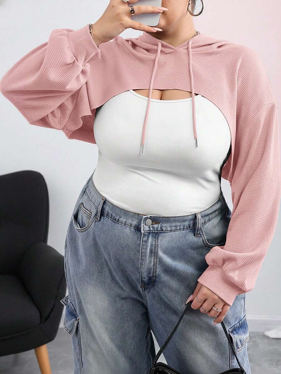 SHEIN CURVE+ Plus-Size Black Knitted Ultra-Short Hooded Sweater, Suitable For Autumn And Winter Wear/Autumn /Winter - Pink - View 1
