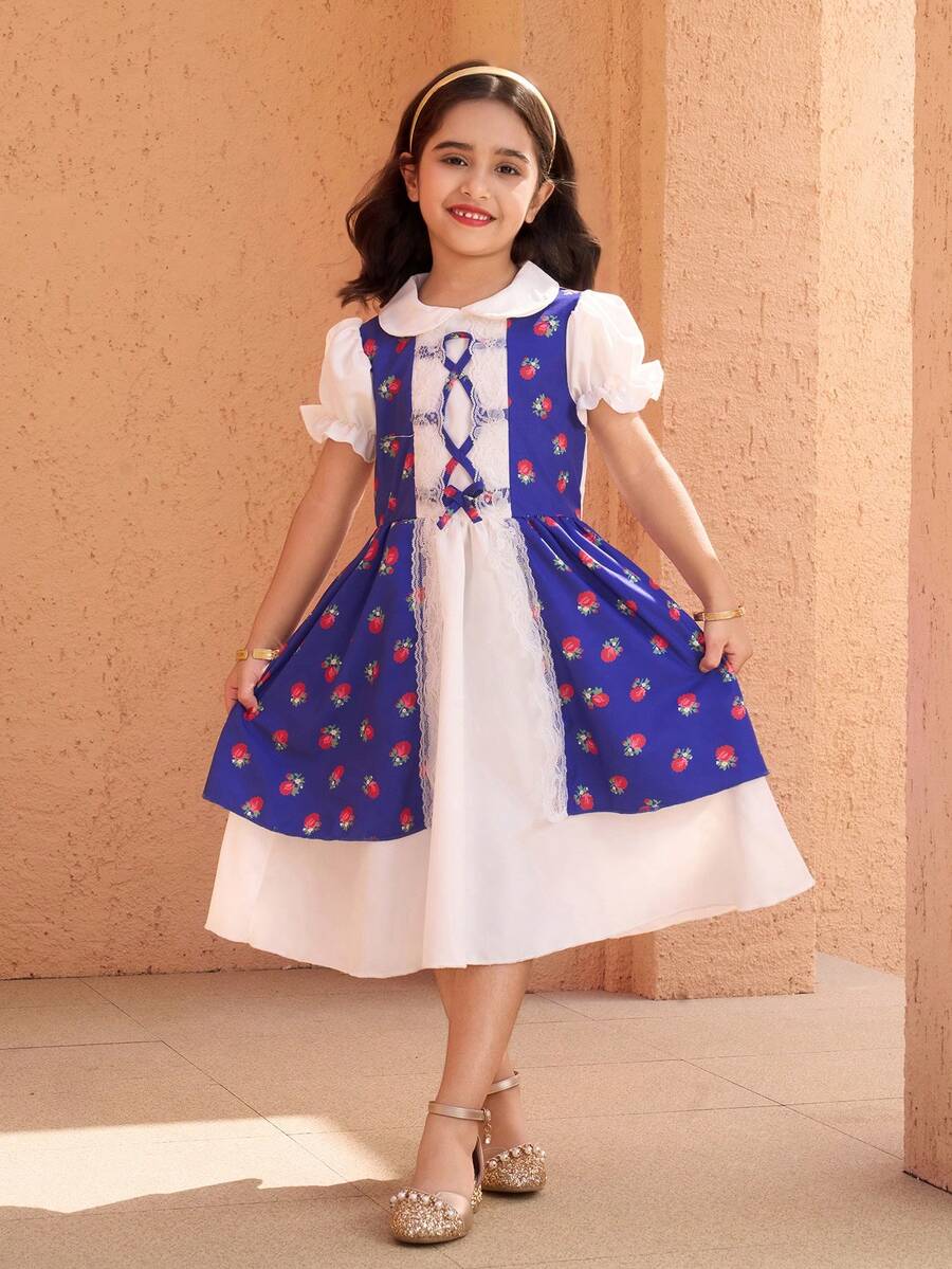 SHEIN Middle Eastern Young Girl'Strawberry Print Ruffle Sleeve Dress,White Summer Fairy First Birthday Puff Sleeve Peter Pan Collar Lace Patchwork Abaya - Multicolor - View 1