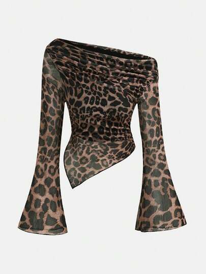 Girlism Tween Girls Asymmetric Shoulder Design Knit Printed Casual Fashionable Matching Family Leopard Pattern Top