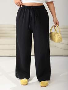 Solflare Plus Size Women's Casual Everyday Commute Simple Versatile 100% Cotton Solid Color Textured Fabric Drawstring Waist Loose Wide Leg Pants - Black - View 5
