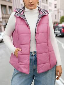 EMERY ROSE Plus Size Women's Pink Reversible Plaid Hooded Padded Vest,Winter Casual Hiking Quilted Jacket,Fashionable Outerwear For Christmas,New Year,Autumn - Multicolor - View 1