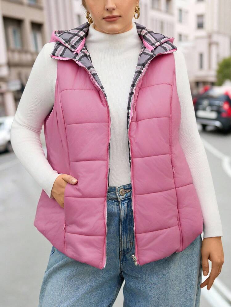 Plus Size Women Casual Pink Reversible Plaid Hooded Padded Vest Jacket, Autumn/Winter,Going Out,2025 New,Simple And Fashionable For Everyday Wear, Winter,Comfortable And Breathable,Christmas,New Year,Thanksgiving,Outerwear Women, Women Coats, Quilted Jacket