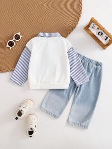 SHEIN Conjunto de sudadera con estampado de argyle y rayas patchwork, y pantalones de mezclilla degradada para bebé niño - Multicolor - Ver 5