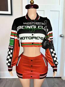 Slaydiva New Summer And Early Autumn Casual Street Motorcycle Style Daily Dating Retro Party Baseball Collar Drop Shoulder Long Sleeve Loose Cropped Jacket Top + Hip Mini Skirt Black And White Plaid Print Slogan Logo23 Digital Print Dark Green Sweater Suit Women's Two Pieces Suit-A, Christmas - Red - View 4