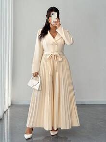 Elenzga 大码女士优雅浪漫精致商务套装领口收腰褶裥长袖连体裤，秋冬款 - 杏色 - 查看 4