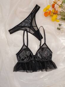 AltCore 2pcs Women's PU Leather Contrast Mesh Comfortable Wireless Triangle Cup Bra And Thong Set - Black - View 4