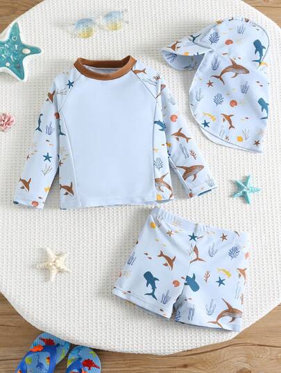 SHEIN 3件套男女宝宝休闲夏季度假椰树印花长袖短裤套装，含配套遮阳帽，适合春夏季穿着，居家、外出、旅行、海滩、泳池、派对等场合。