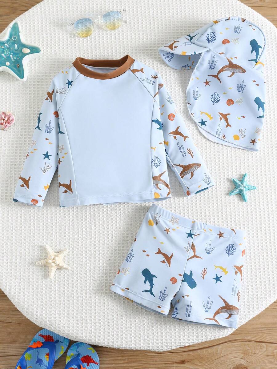 SHEIN 3件套男女宝宝休闲夏季度假椰树印花长袖短裤套装,含配套遮阳帽,适合春夏季穿着,居家、外出、旅行、海滩、泳池、派对等场合。 - 彩色 - 查看 1