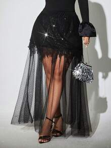 Viva Relle Plus Size Fashionable Party Sequin Contrast Mesh SkirtValentine's Day - Black - View 1
