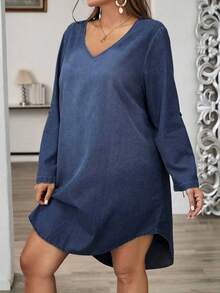 EMERY ROSE EMERY ROSE Vestido de mezclilla informal de talla grande con diseño de parte delantera corta y parte trasera larga, vestido de mezclilla de manga larga para mujeres, vestido de mezclilla, vestido de chambray de talla grande - Azul lavado oscuro - Ver 7