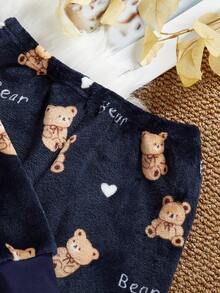 两件套男童休闲抓绒睡衣套装，长袖上衣和裤子，咖啡色，带小熊图案 - 藏蓝色 - 查看 9