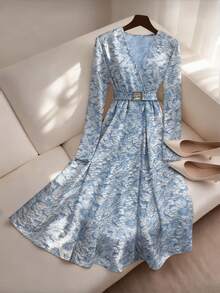Franclia Elegant Blue White Floral Jacquard V-Neck Long Sleeve Midi Dress, French Style Waist Cinched Dress For Women,Autumn Vacation Tea Party Dress - Blue - View 3