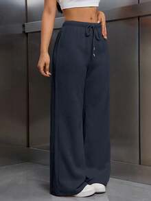 EMERY ROSE Women's Elastic Waist Drawstring Thermal Lined Loose Pants - Navy Blue - View 4