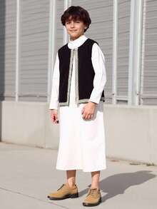 Vacaura 2pcs/Set Tween Boy Middle Eastern Robe White Shirt With Half-Open Collar & Black Vest With Gold Trim Pattern - Black and White - View 11