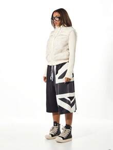 SUMWON WOMEN Oversized Spliced Color Block Shorts With Drawstring Waist And Wide Leg Fit For Casual Summer Wear - Black - View 5
