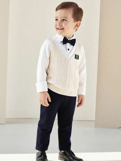 SHEIN 2 件装年轻男孩可爱学院风绅士风二合一拼色针织长袖 Polo 衫带蝴蝶结 + 休闲纯色松紧腰裤套装，适合春秋季节、生日派对、婚礼、洗礼、1 岁生日、日常穿着