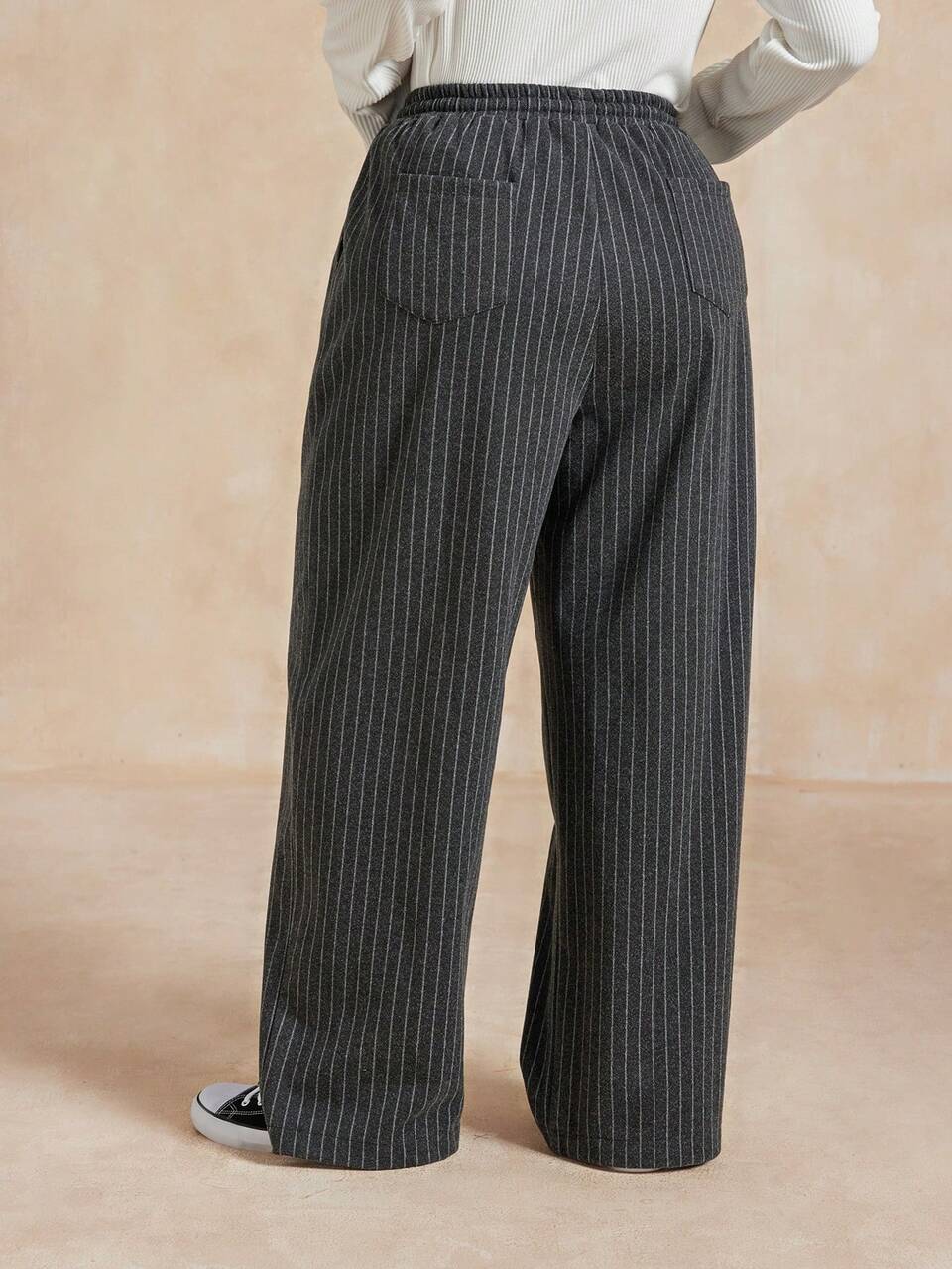 Dazy Plus Fashionable Casual Elastic Waist Drawstring Loose Striped Versatile Plus Size Women Straight Leg Pants
