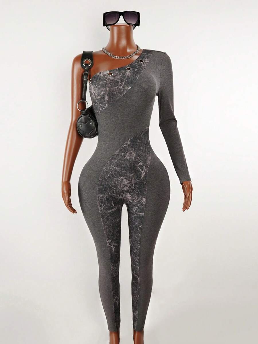 Mistrie Women's Textured Pattern Splicing Oblique Shoulder Single Sleeve Tight Jumpsuit,Gray,Autumn,Elegant,Seksi Chic,Night Out,Y2K Casual Daily Summer Wear - Dark Grey - View 1