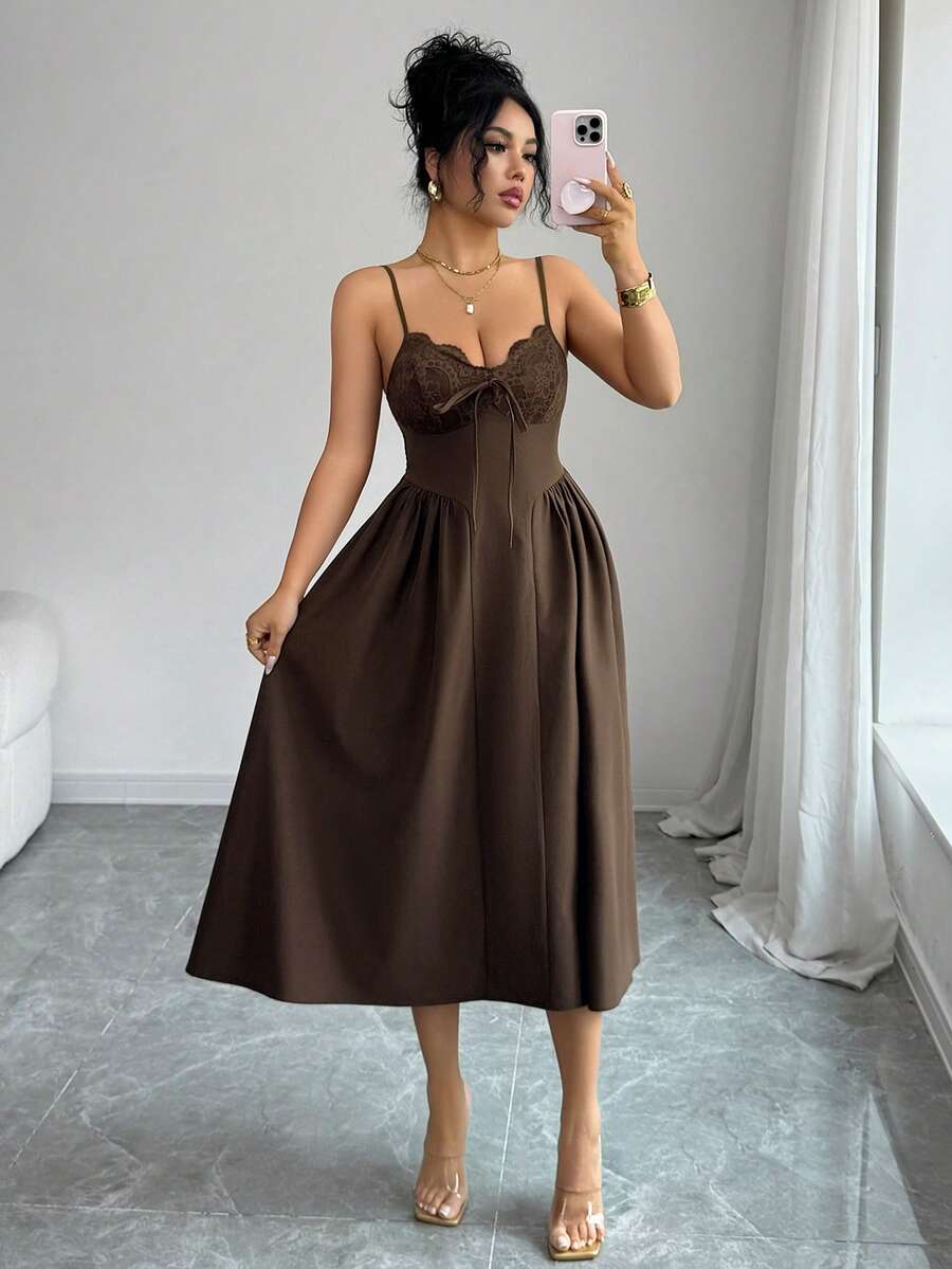 Elenzga Abito elegante da donna con inserti in pizzo, vita arricciata e linea ad A, adatto per la primavera/estate - Castano - Visualizzare 1